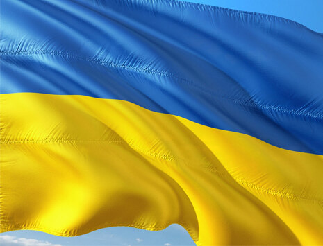 Eine ukrainische Flagge weht im Wind.